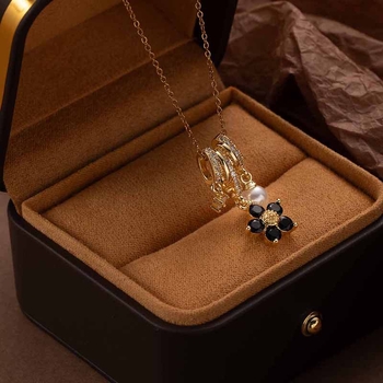 Медна огърлица с цвете и смесени камъни, O-образна верига, многослойна, дължина 41–50 см