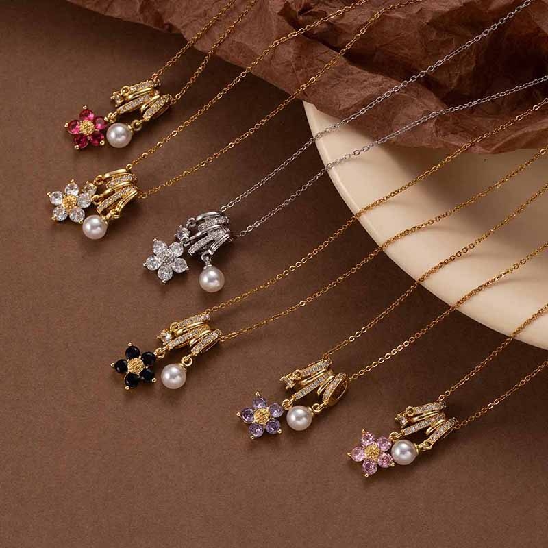 Медна огърлица с цвете и смесени камъни, O-образна верига, многослойна, дължина 41–50 см