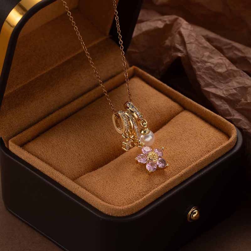 Медна огърлица с цвете и смесени камъни, O-образна верига, многослойна, дължина 41–50 см