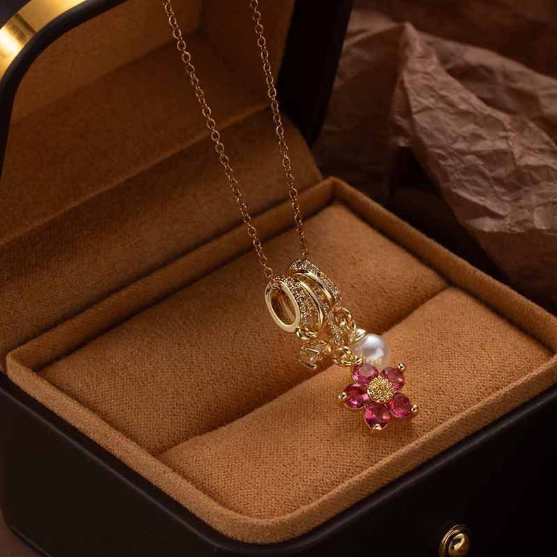 Медна огърлица с цвете и смесени камъни, O-образна верига, многослойна, дължина 41–50 см