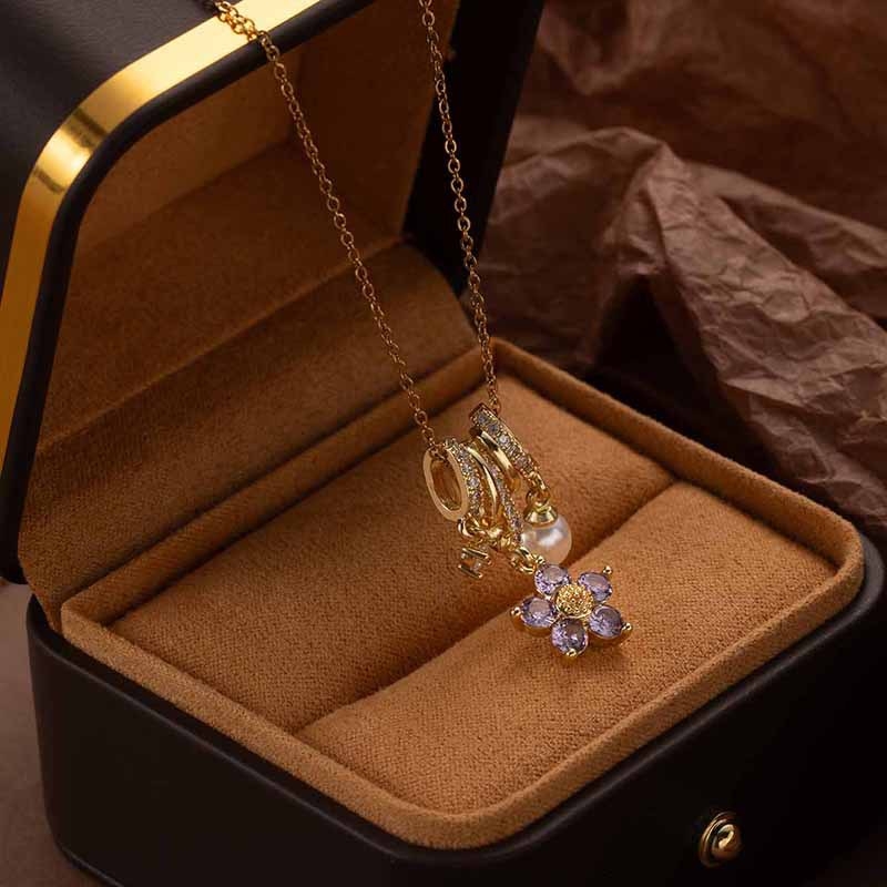 Медна огърлица с цвете и смесени камъни, O-образна верига, многослойна, дължина 41–50 см