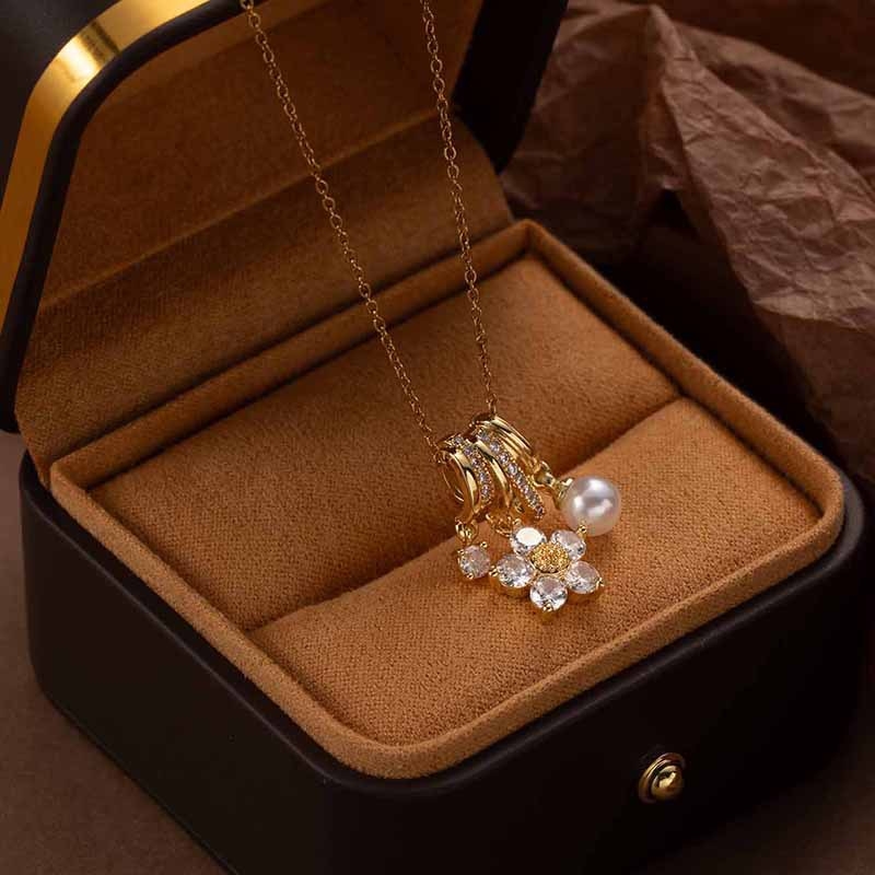 Медна огърлица с цвете и смесени камъни, O-образна верига, многослойна, дължина 41–50 см