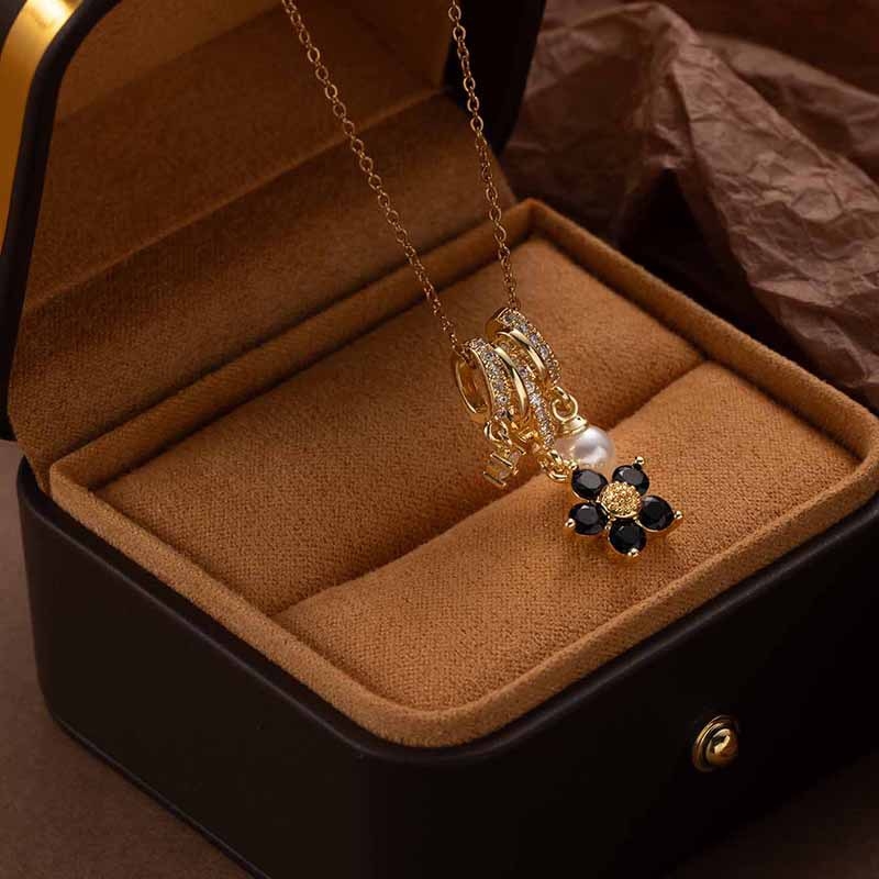 Медна огърлица с цвете и смесени камъни, O-образна верига, многослойна, дължина 41–50 см