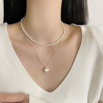 Двойнослойна огърлица с висулка във формата на сърце и перла, медно-сплавна основа, електроплакирана, класическа верига