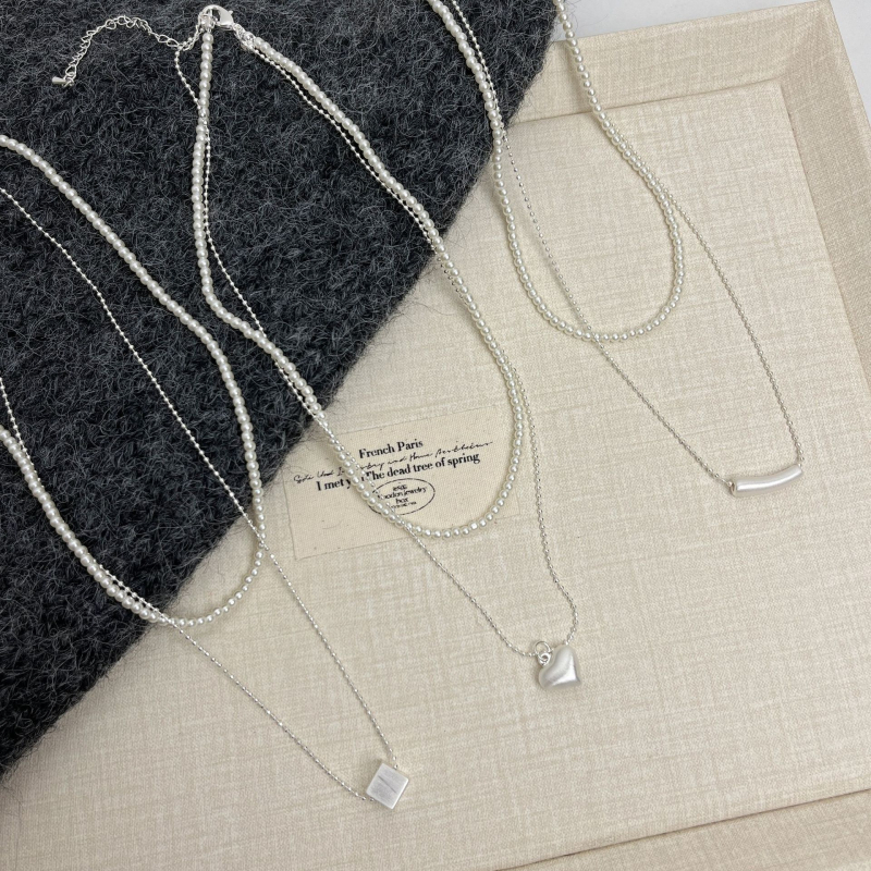 Двойнослойна огърлица с висулка във формата на сърце и перла, медно-сплавна основа, електроплакирана, класическа верига