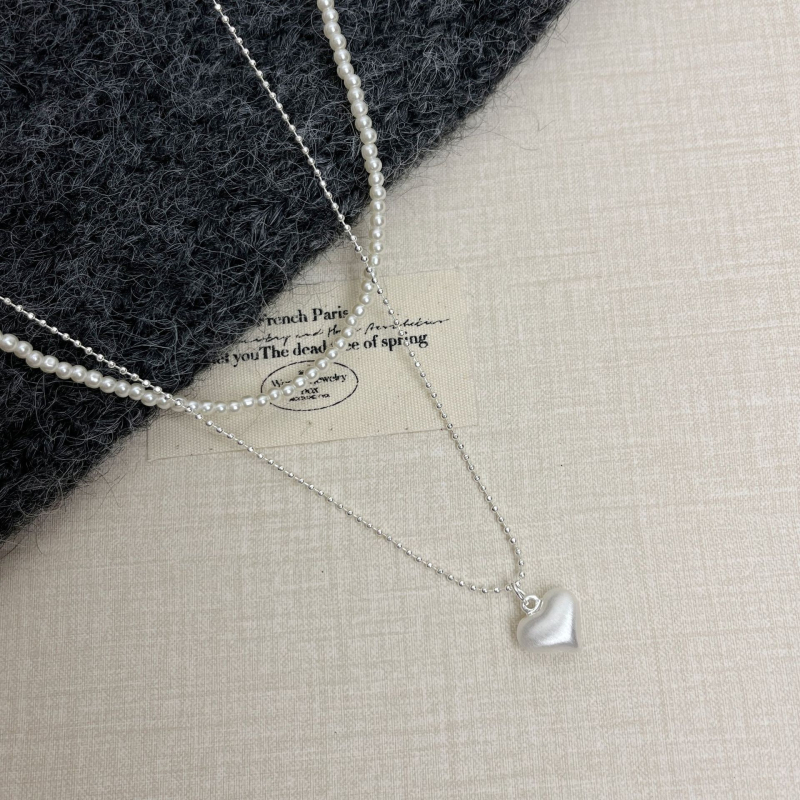 Двойнослойна огърлица с висулка във формата на сърце и перла, медно-сплавна основа, електроплакирана, класическа верига