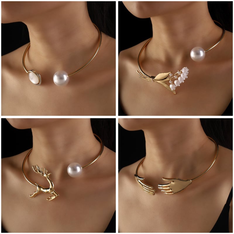 Tulun унисекс алуминиев чокър с форма на цвете и изкуствена перла — твърда яка