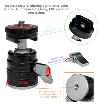 Universāls mini sfēriskais gimbāls statīvam; alumīnija sakausējums; 360° horizontāla griešanās; 90° vertikāla noliekšanās; saderīgs ar 1/4" un 3/8" skrūvēm; piemērots viedtālruņiem un kamerām
