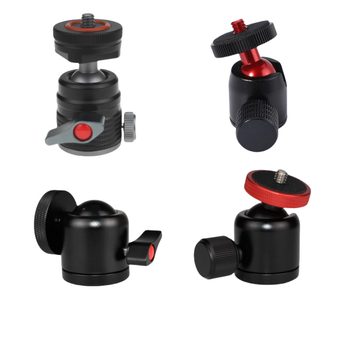 Universāls mini sfēriskais gimbāls statīvam; alumīnija sakausējums; 360° horizontāla griešanās; 90° vertikāla noliekšanās; saderīgs ar 1/4" un 3/8" skrūvēm; piemērots viedtālruņiem un kamerām