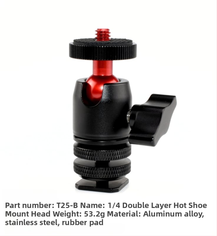 Universāls mini sfēriskais gimbāls statīvam; alumīnija sakausējums; 360° horizontāla griešanās; 90° vertikāla noliekšanās; saderīgs ar 1/4" un 3/8" skrūvēm; piemērots viedtālruņiem un kamerām