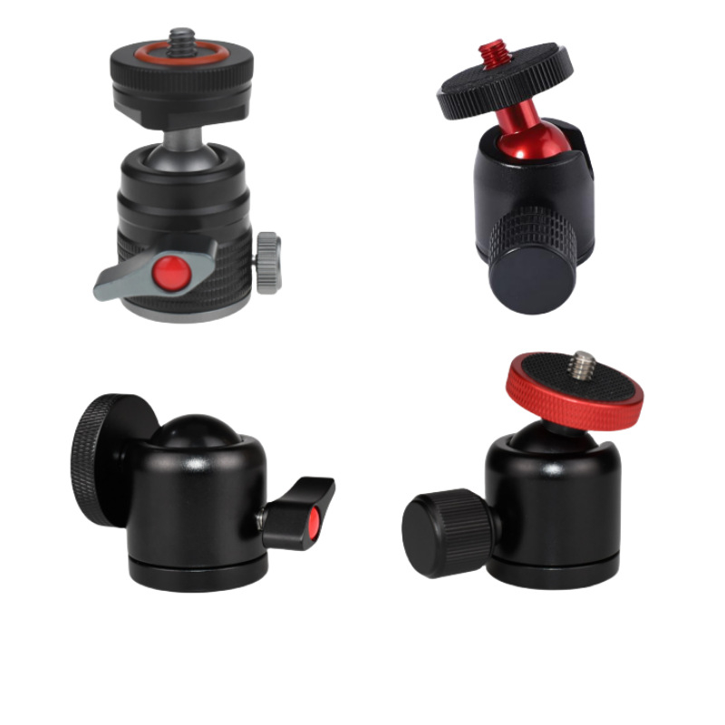 Universāls mini sfēriskais gimbāls statīvam; alumīnija sakausējums; 360° horizontāla griešanās; 90° vertikāla noliekšanās; saderīgs ar 1/4" un 3/8" skrūvēm; piemērots viedtālruņiem un kamerām