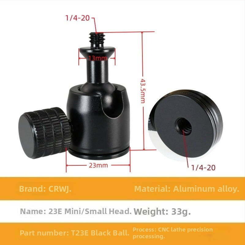 Universāls mini sfēriskais gimbāls statīvam; alumīnija sakausējums; 360° horizontāla griešanās; 90° vertikāla noliekšanās; saderīgs ar 1/4" un 3/8" skrūvēm; piemērots viedtālruņiem un kamerām