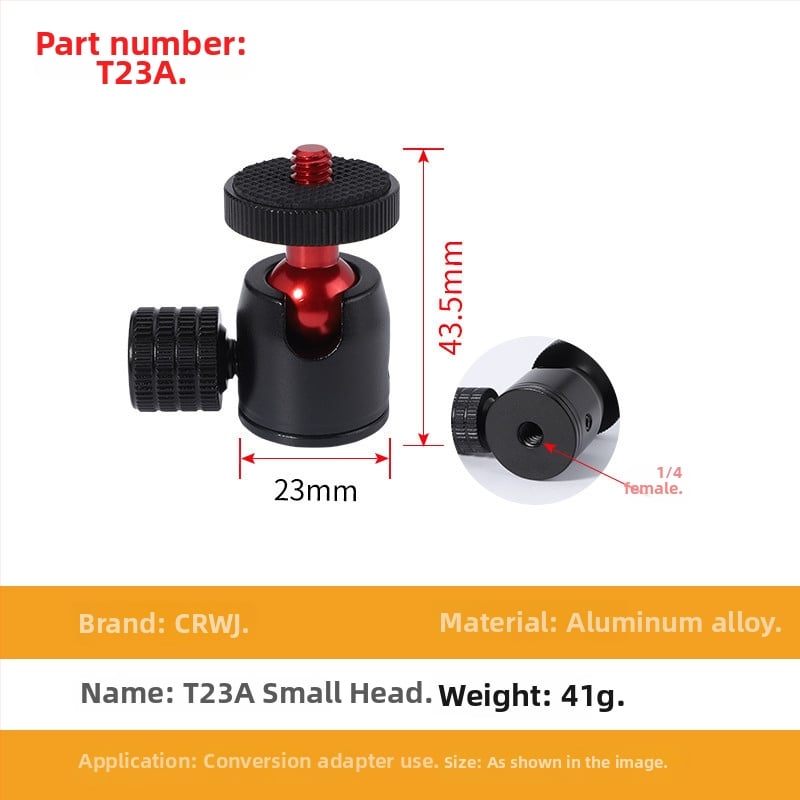 Universāls mini sfēriskais gimbāls statīvam; alumīnija sakausējums; 360° horizontāla griešanās; 90° vertikāla noliekšanās; saderīgs ar 1/4" un 3/8" skrūvēm; piemērots viedtālruņiem un kamerām