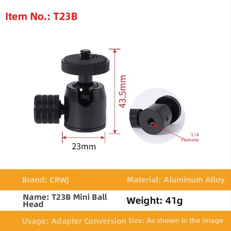 Universāls mini sfēriskais gimbāls statīvam; alumīnija sakausējums; 360° horizontāla griešanās; 90° vertikāla noliekšanās; saderīgs ar 1/4" un 3/8" skrūvēm; piemērots viedtālruņiem un kamerām