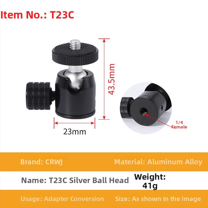 Universāls mini sfēriskais gimbāls statīvam; alumīnija sakausējums; 360° horizontāla griešanās; 90° vertikāla noliekšanās; saderīgs ar 1/4" un 3/8" skrūvēm; piemērots viedtālruņiem un kamerām