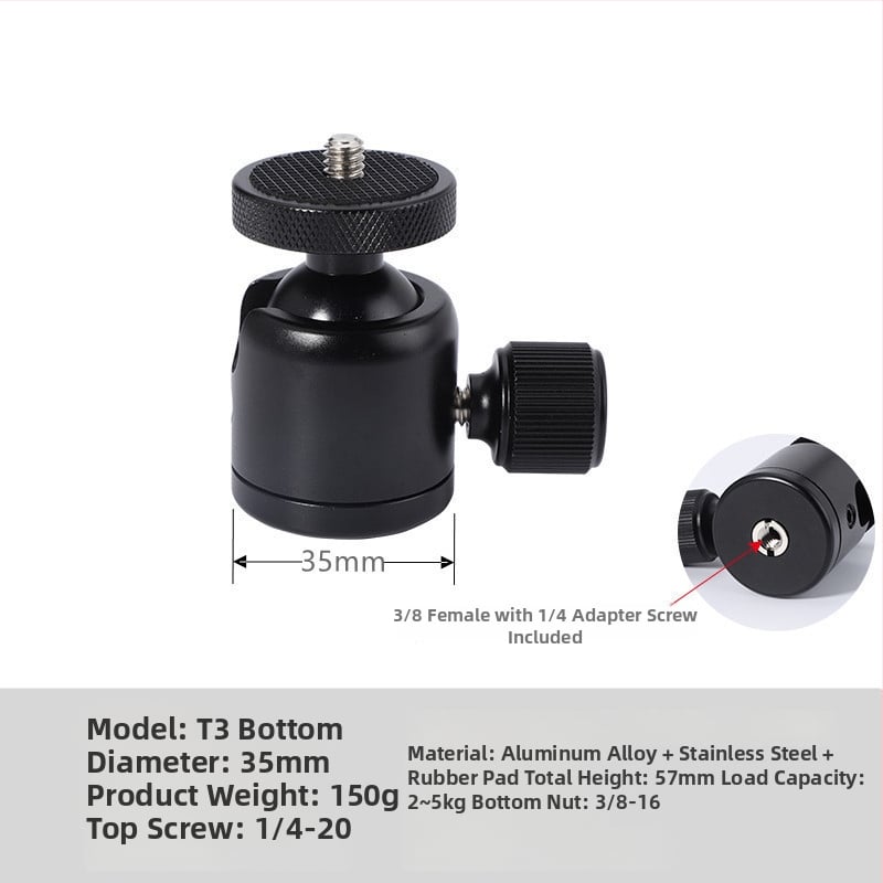 Universāls mini sfēriskais gimbāls statīvam; alumīnija sakausējums; 360° horizontāla griešanās; 90° vertikāla noliekšanās; saderīgs ar 1/4" un 3/8" skrūvēm; piemērots viedtālruņiem un kamerām