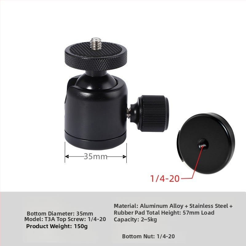 Universāls mini sfēriskais gimbāls statīvam; alumīnija sakausējums; 360° horizontāla griešanās; 90° vertikāla noliekšanās; saderīgs ar 1/4" un 3/8" skrūvēm; piemērots viedtālruņiem un kamerām