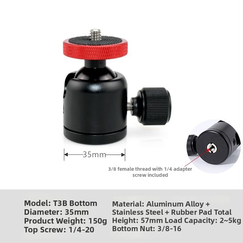 Universāls mini sfēriskais gimbāls statīvam; alumīnija sakausējums; 360° horizontāla griešanās; 90° vertikāla noliekšanās; saderīgs ar 1/4" un 3/8" skrūvēm; piemērots viedtālruņiem un kamerām