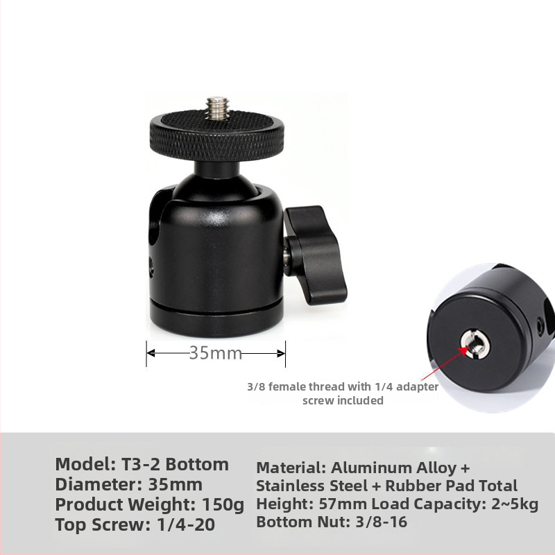 Universāls mini sfēriskais gimbāls statīvam; alumīnija sakausējums; 360° horizontāla griešanās; 90° vertikāla noliekšanās; saderīgs ar 1/4" un 3/8" skrūvēm; piemērots viedtālruņiem un kamerām