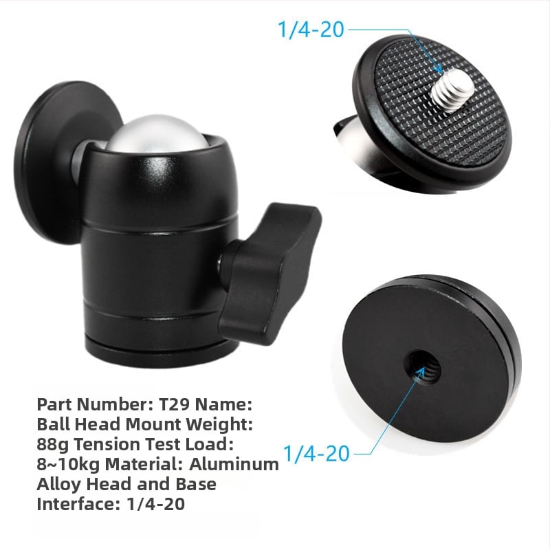 Universāls mini sfēriskais gimbāls statīvam; alumīnija sakausējums; 360° horizontāla griešanās; 90° vertikāla noliekšanās; saderīgs ar 1/4" un 3/8" skrūvēm; piemērots viedtālruņiem un kamerām