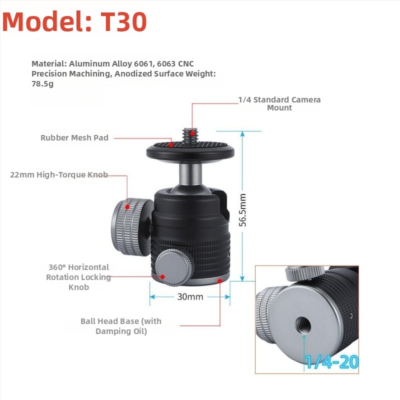 Universāls mini sfēriskais gimbāls statīvam; alumīnija sakausējums; 360° horizontāla griešanās; 90° vertikāla noliekšanās; saderīgs ar 1/4" un 3/8" skrūvēm; piemērots viedtālruņiem un kamerām