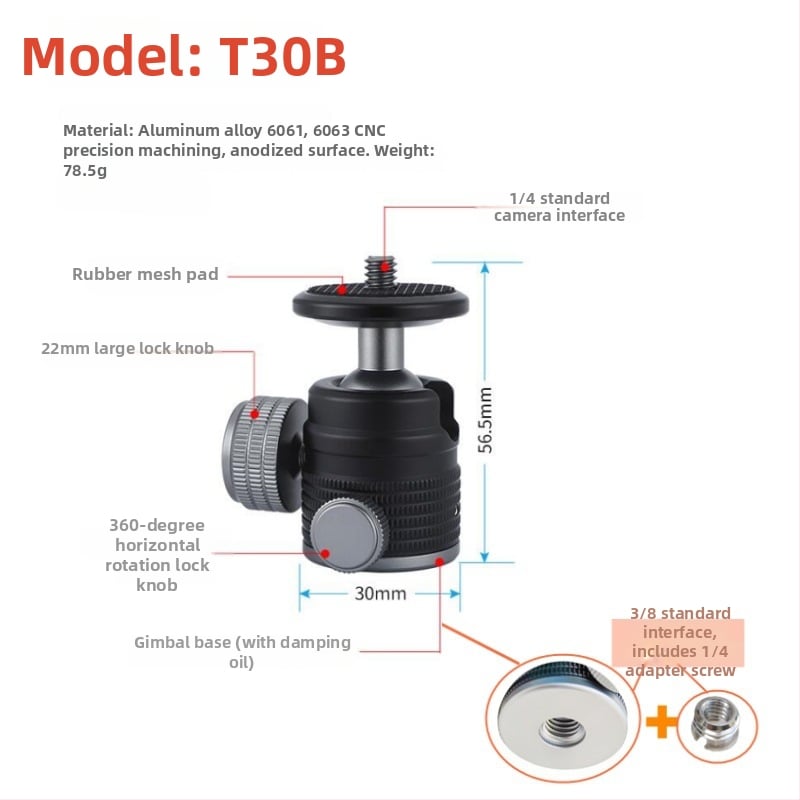 Universāls mini sfēriskais gimbāls statīvam; alumīnija sakausējums; 360° horizontāla griešanās; 90° vertikāla noliekšanās; saderīgs ar 1/4" un 3/8" skrūvēm; piemērots viedtālruņiem un kamerām