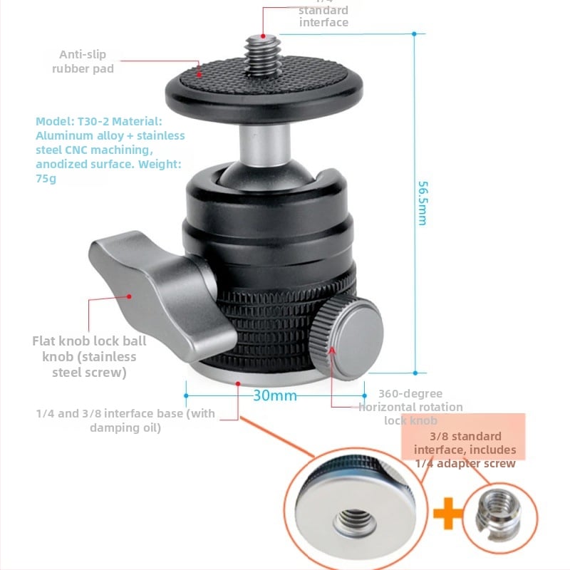 Universāls mini sfēriskais gimbāls statīvam; alumīnija sakausējums; 360° horizontāla griešanās; 90° vertikāla noliekšanās; saderīgs ar 1/4" un 3/8" skrūvēm; piemērots viedtālruņiem un kamerām