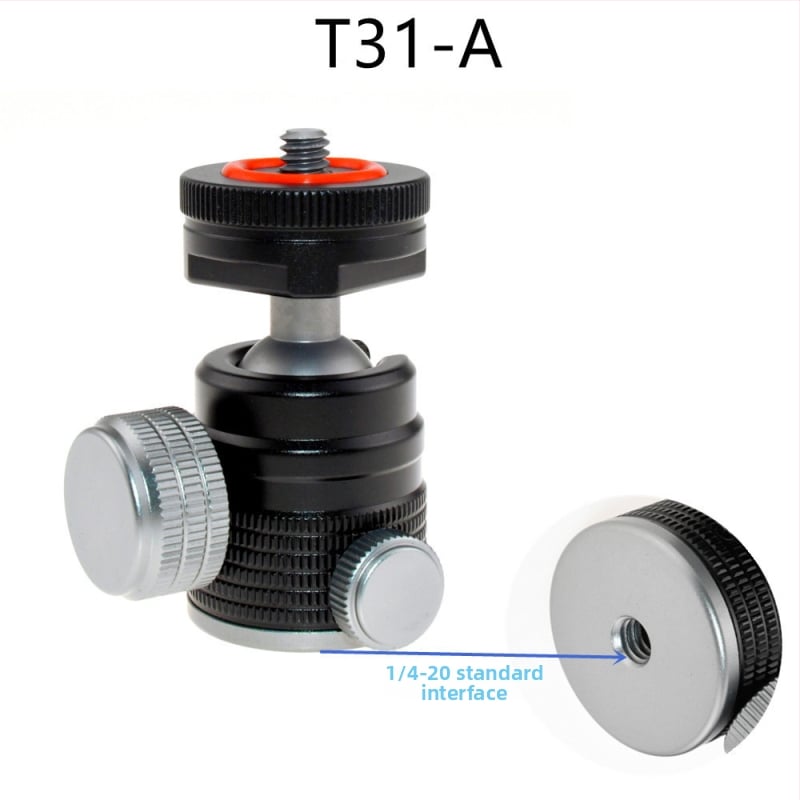Universāls mini sfēriskais gimbāls statīvam; alumīnija sakausējums; 360° horizontāla griešanās; 90° vertikāla noliekšanās; saderīgs ar 1/4" un 3/8" skrūvēm; piemērots viedtālruņiem un kamerām