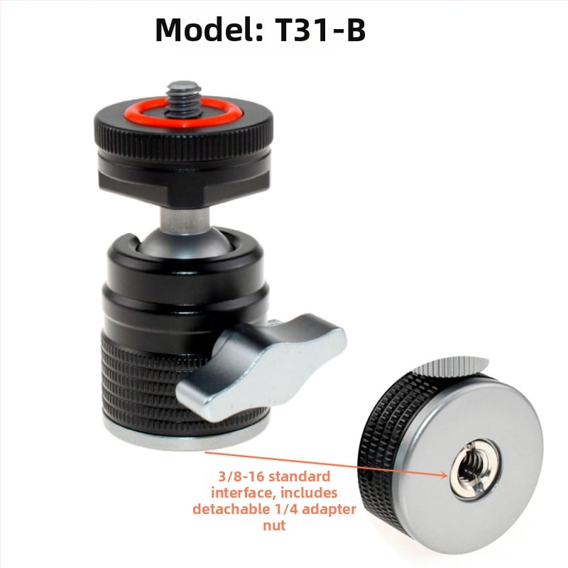 Universāls mini sfēriskais gimbāls statīvam; alumīnija sakausējums; 360° horizontāla griešanās; 90° vertikāla noliekšanās; saderīgs ar 1/4" un 3/8" skrūvēm; piemērots viedtālruņiem un kamerām