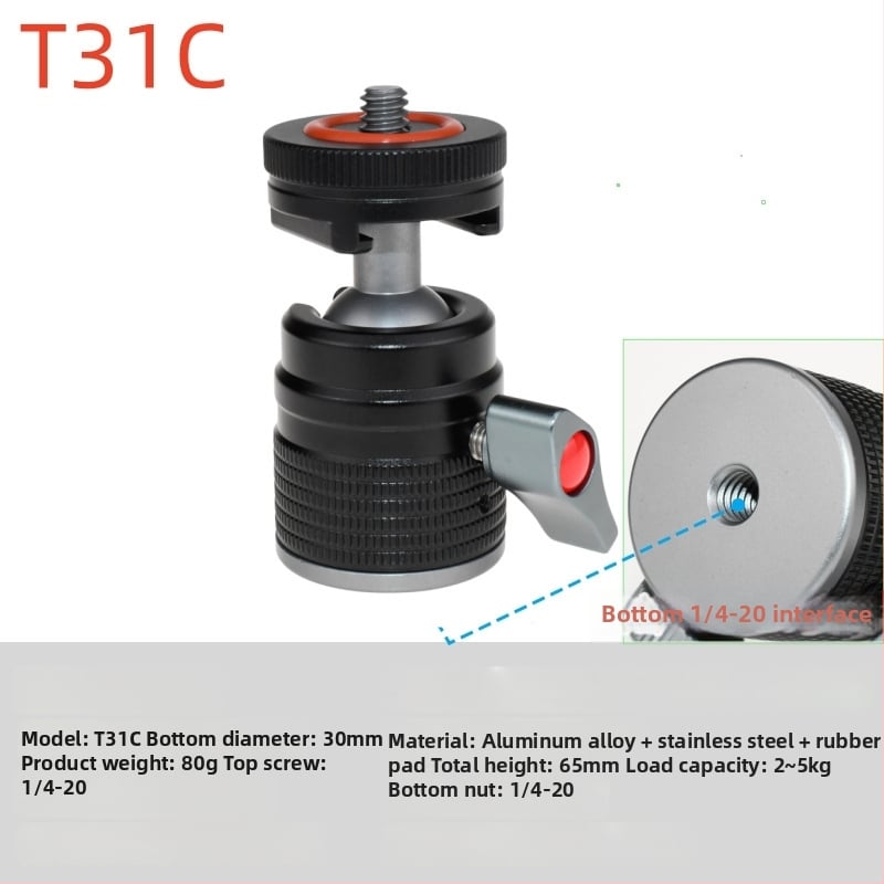 Universāls mini sfēriskais gimbāls statīvam; alumīnija sakausējums; 360° horizontāla griešanās; 90° vertikāla noliekšanās; saderīgs ar 1/4" un 3/8" skrūvēm; piemērots viedtālruņiem un kamerām