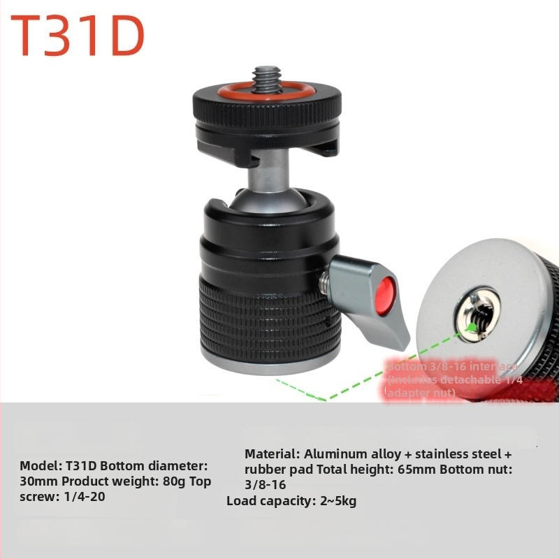 Universāls mini sfēriskais gimbāls statīvam; alumīnija sakausējums; 360° horizontāla griešanās; 90° vertikāla noliekšanās; saderīgs ar 1/4" un 3/8" skrūvēm; piemērots viedtālruņiem un kamerām