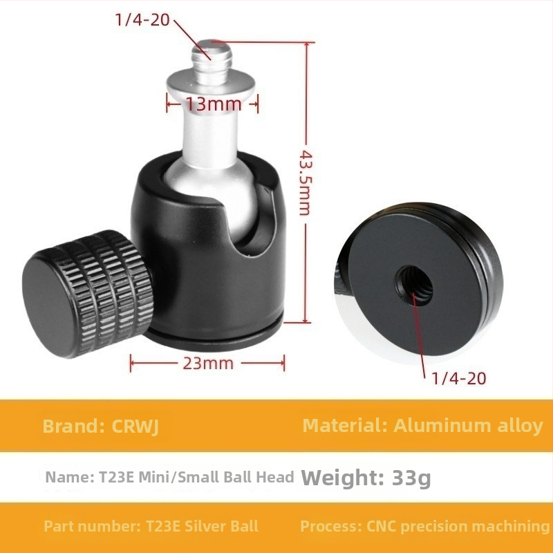 Universāls mini sfēriskais gimbāls statīvam; alumīnija sakausējums; 360° horizontāla griešanās; 90° vertikāla noliekšanās; saderīgs ar 1/4" un 3/8" skrūvēm; piemērots viedtālruņiem un kamerām