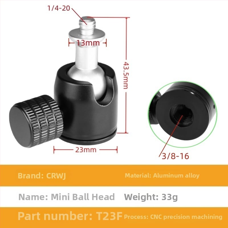 Universāls mini sfēriskais gimbāls statīvam; alumīnija sakausējums; 360° horizontāla griešanās; 90° vertikāla noliekšanās; saderīgs ar 1/4" un 3/8" skrūvēm; piemērots viedtālruņiem un kamerām
