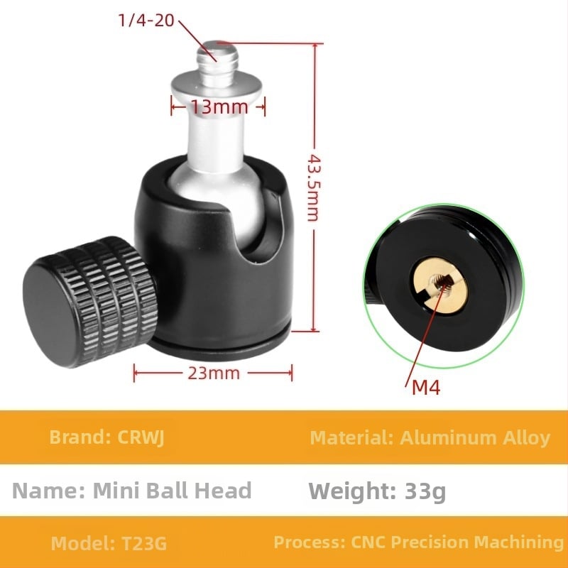 Universāls mini sfēriskais gimbāls statīvam; alumīnija sakausējums; 360° horizontāla griešanās; 90° vertikāla noliekšanās; saderīgs ar 1/4" un 3/8" skrūvēm; piemērots viedtālruņiem un kamerām