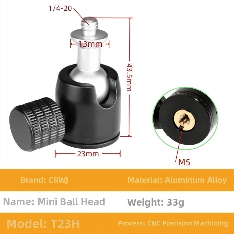 Universāls mini sfēriskais gimbāls statīvam; alumīnija sakausējums; 360° horizontāla griešanās; 90° vertikāla noliekšanās; saderīgs ar 1/4" un 3/8" skrūvēm; piemērots viedtālruņiem un kamerām
