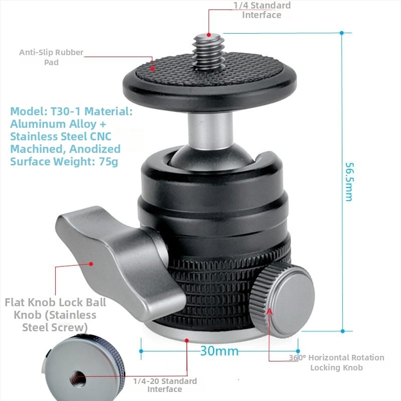 Universāls mini sfēriskais gimbāls statīvam; alumīnija sakausējums; 360° horizontāla griešanās; 90° vertikāla noliekšanās; saderīgs ar 1/4" un 3/8" skrūvēm; piemērots viedtālruņiem un kamerām