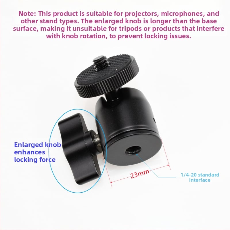 Universāls mini sfēriskais gimbāls statīvam; alumīnija sakausējums; 360° horizontāla griešanās; 90° vertikāla noliekšanās; saderīgs ar 1/4" un 3/8" skrūvēm; piemērots viedtālruņiem un kamerām