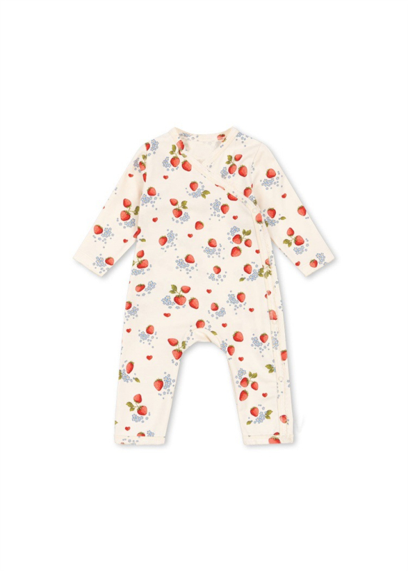 Bebi pamukasti kombinezon s jahodnim printom, nordijski stil, unisex, dugi rukavi, za bebe i djecu 80–100 cm, prednje zatvaranje
