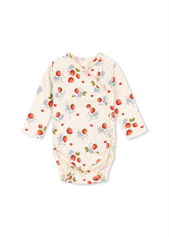 Bebi pamukasti kombinezon s jahodnim printom, nordijski stil, unisex, dugi rukavi, za bebe i djecu 80–100 cm, prednje zatvaranje
