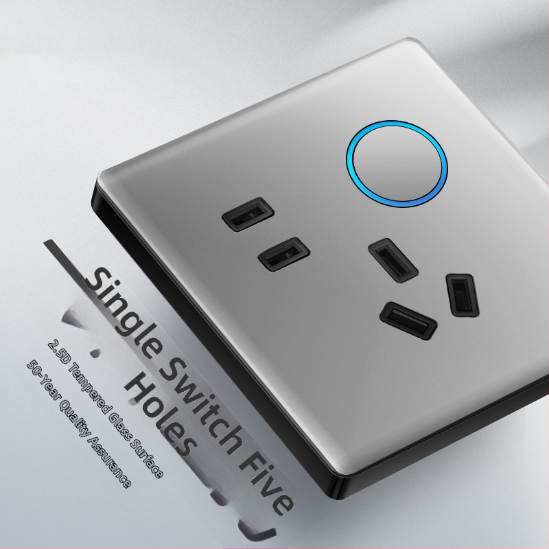 Priză USB ascunsă cu întrerupător din sticlă temperată, tip 86, LED, montaj 60x60 mm, contacte din bronz tin-fosfor