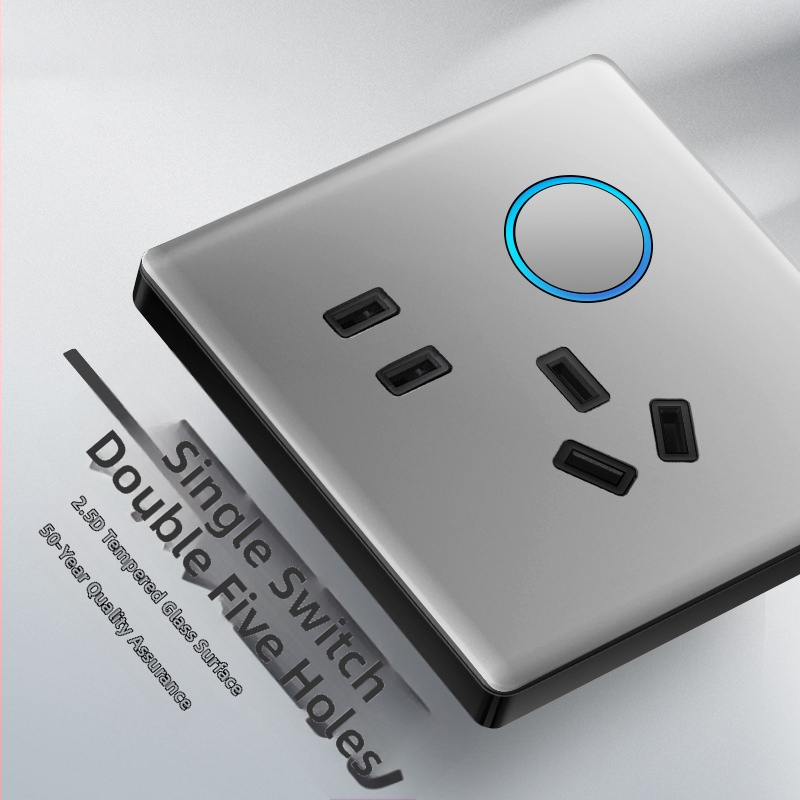 Priză USB ascunsă cu întrerupător din sticlă temperată, tip 86, LED, montaj 60x60 mm, contacte din bronz tin-fosfor