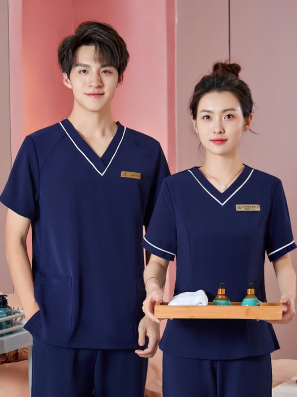 Unisex darba apģērbs skaistumkopšanas tehniķiem ar radiācijas aizsardzību, poliestera-spandeksa audums, garās piedurknes, V formas kakls