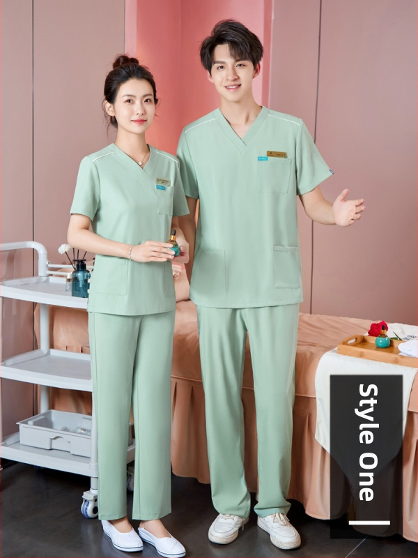 Unisex pracovné oblečenie pre kozmetických technikov s ochranou proti žiareniu, polyester-spandex tkanina, dlhé rukávy, V-krk