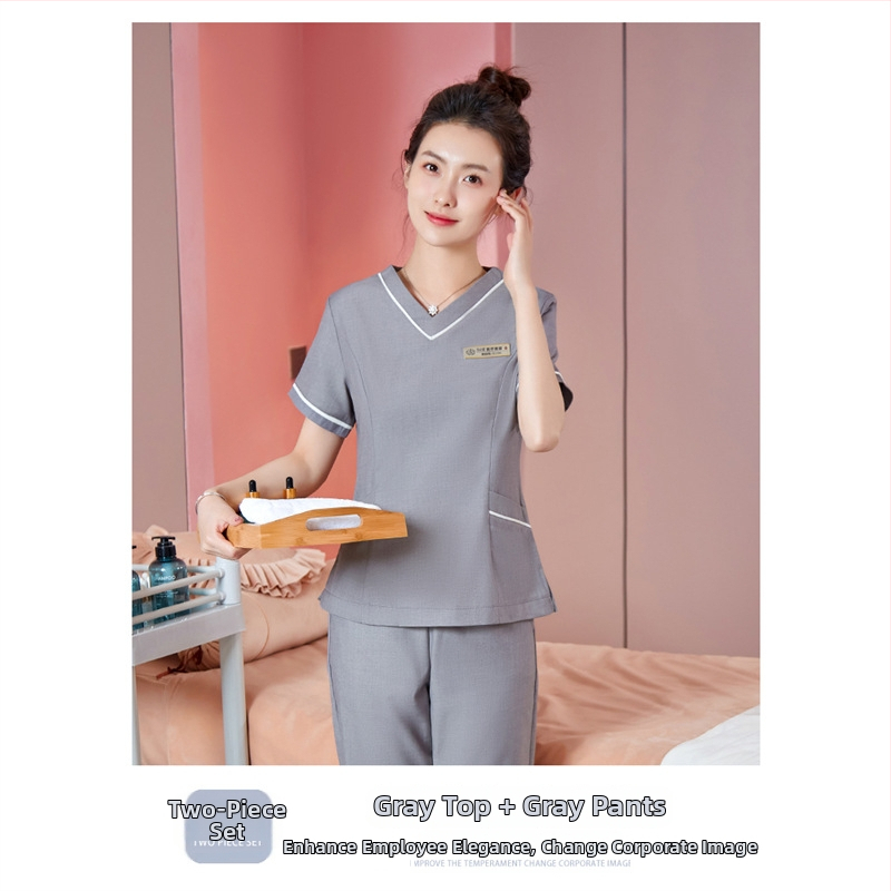 Unisex darba apģērbs skaistumkopšanas tehniķiem ar radiācijas aizsardzību, poliestera-spandeksa audums, garās piedurknes, V formas kakls