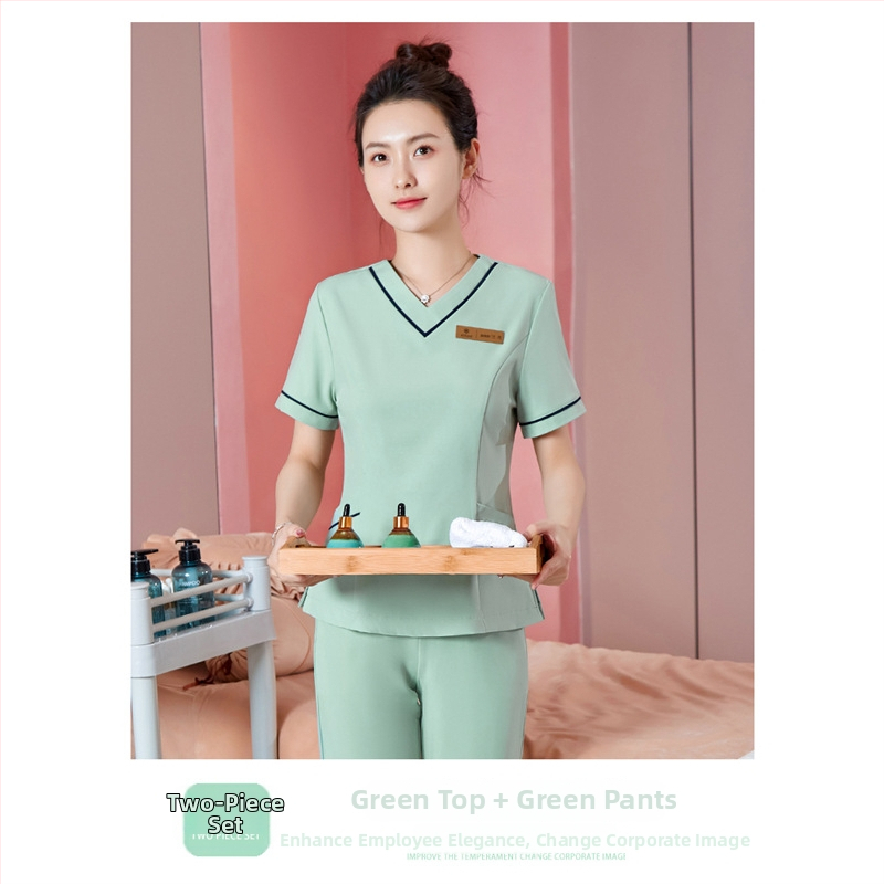 Unisex darba apģērbs skaistumkopšanas tehniķiem ar radiācijas aizsardzību, poliestera-spandeksa audums, garās piedurknes, V formas kakls