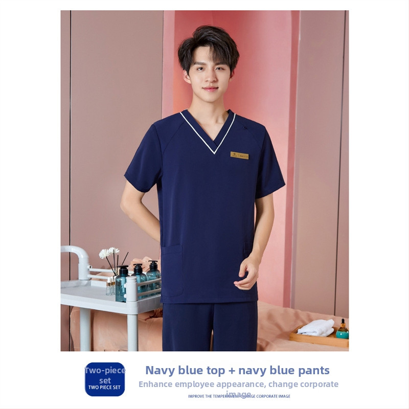 Unisex darba apģērbs skaistumkopšanas tehniķiem ar radiācijas aizsardzību, poliestera-spandeksa audums, garās piedurknes, V formas kakls