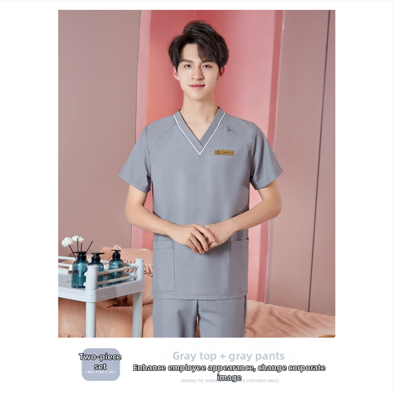 Unisex darba apģērbs skaistumkopšanas tehniķiem ar radiācijas aizsardzību, poliestera-spandeksa audums, garās piedurknes, V formas kakls