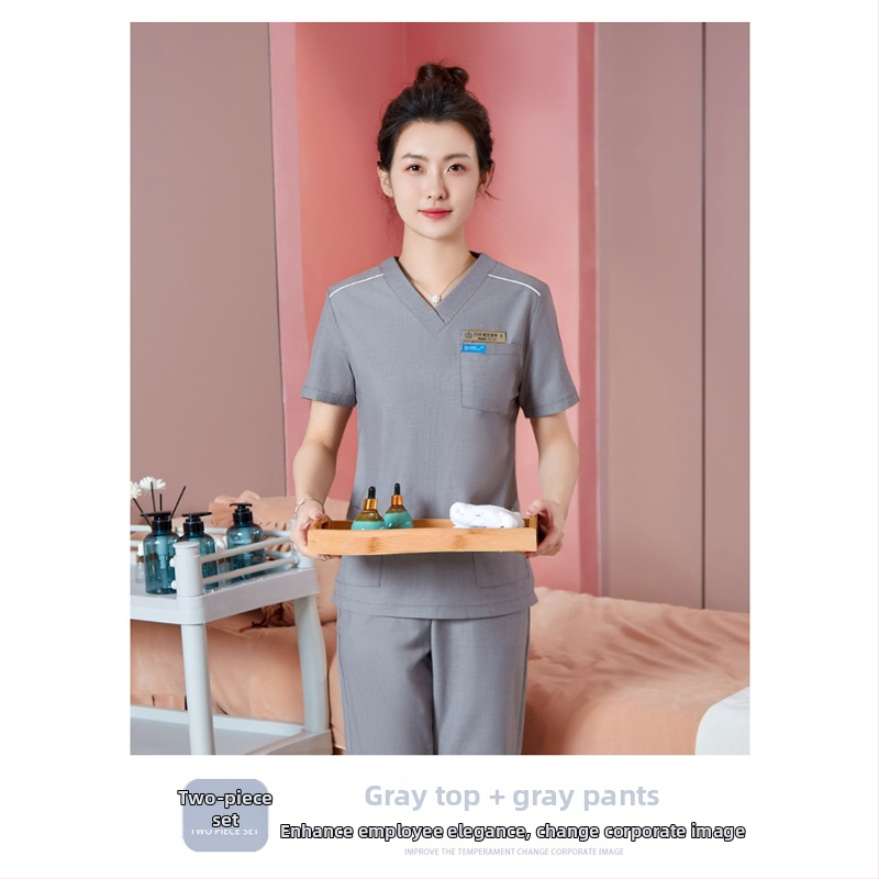 Unisex darba apģērbs skaistumkopšanas tehniķiem ar radiācijas aizsardzību, poliestera-spandeksa audums, garās piedurknes, V formas kakls