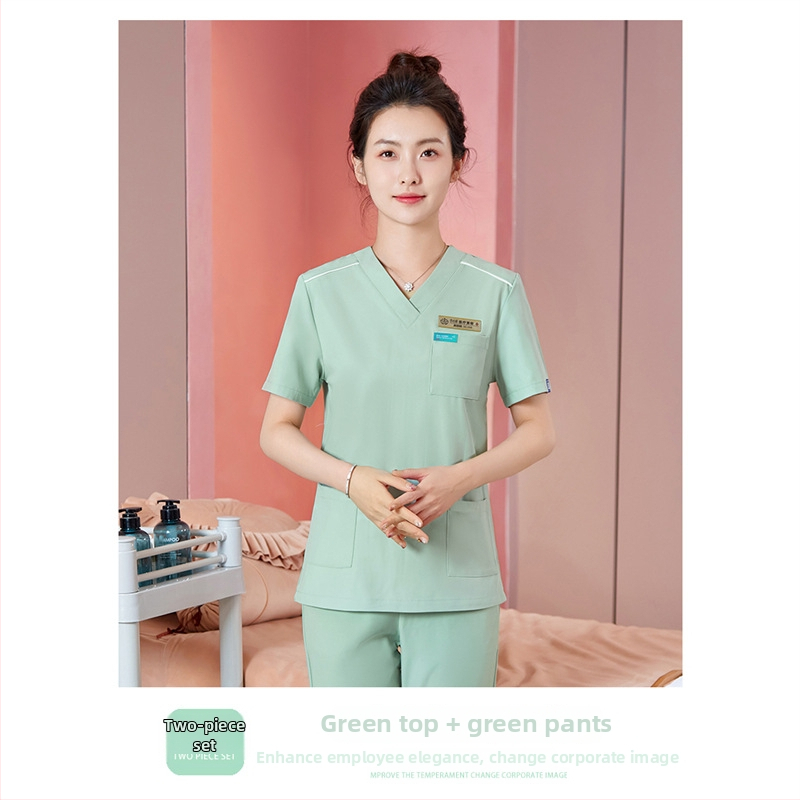 Unisex darba apģērbs skaistumkopšanas tehniķiem ar radiācijas aizsardzību, poliestera-spandeksa audums, garās piedurknes, V formas kakls