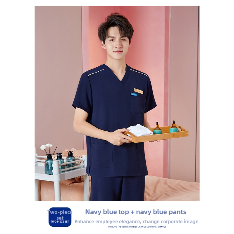 Unisex darba apģērbs skaistumkopšanas tehniķiem ar radiācijas aizsardzību, poliestera-spandeksa audums, garās piedurknes, V formas kakls